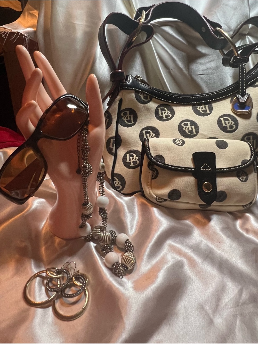 Dooney & Bourke Brown and Cream Logo Shoulder Bag.  Jewelry/Sunglasses included.